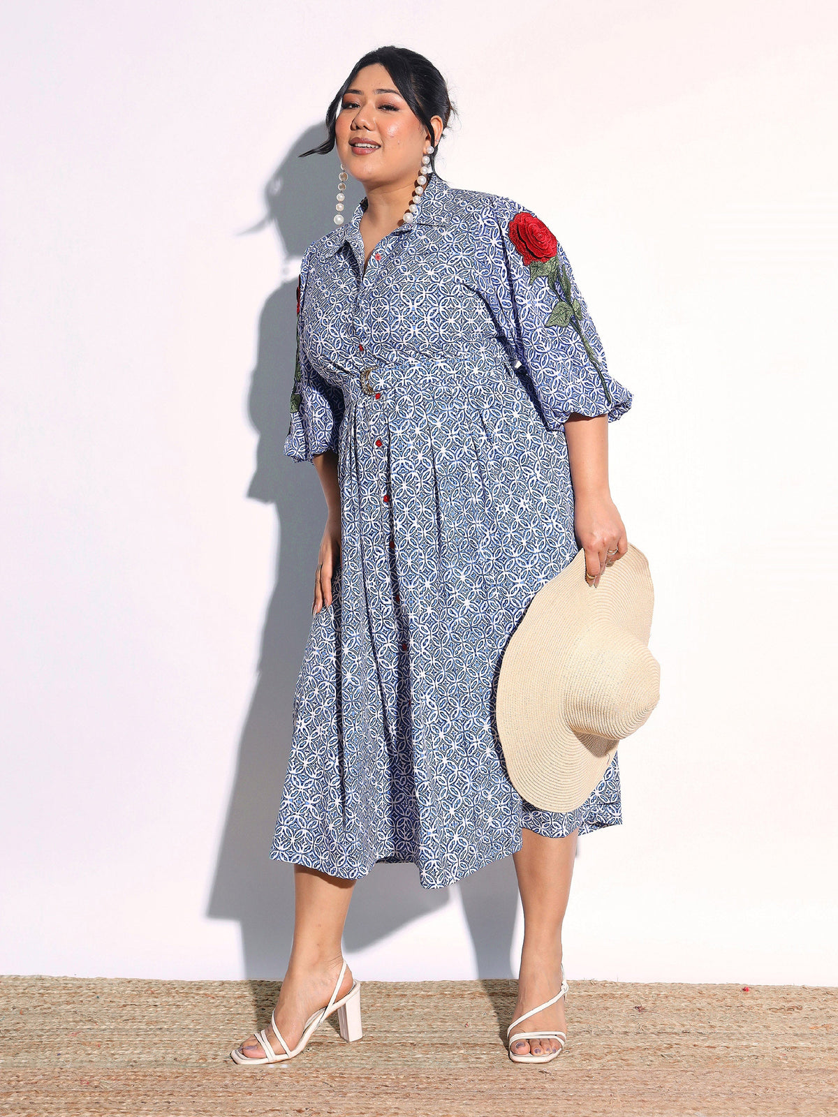 Blue Geometric Print Midi Shirt Dress-SASSAFRAS Curve