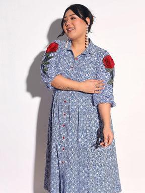 Blue Geometric Print Midi Shirt Dress-SASSAFRAS Curve