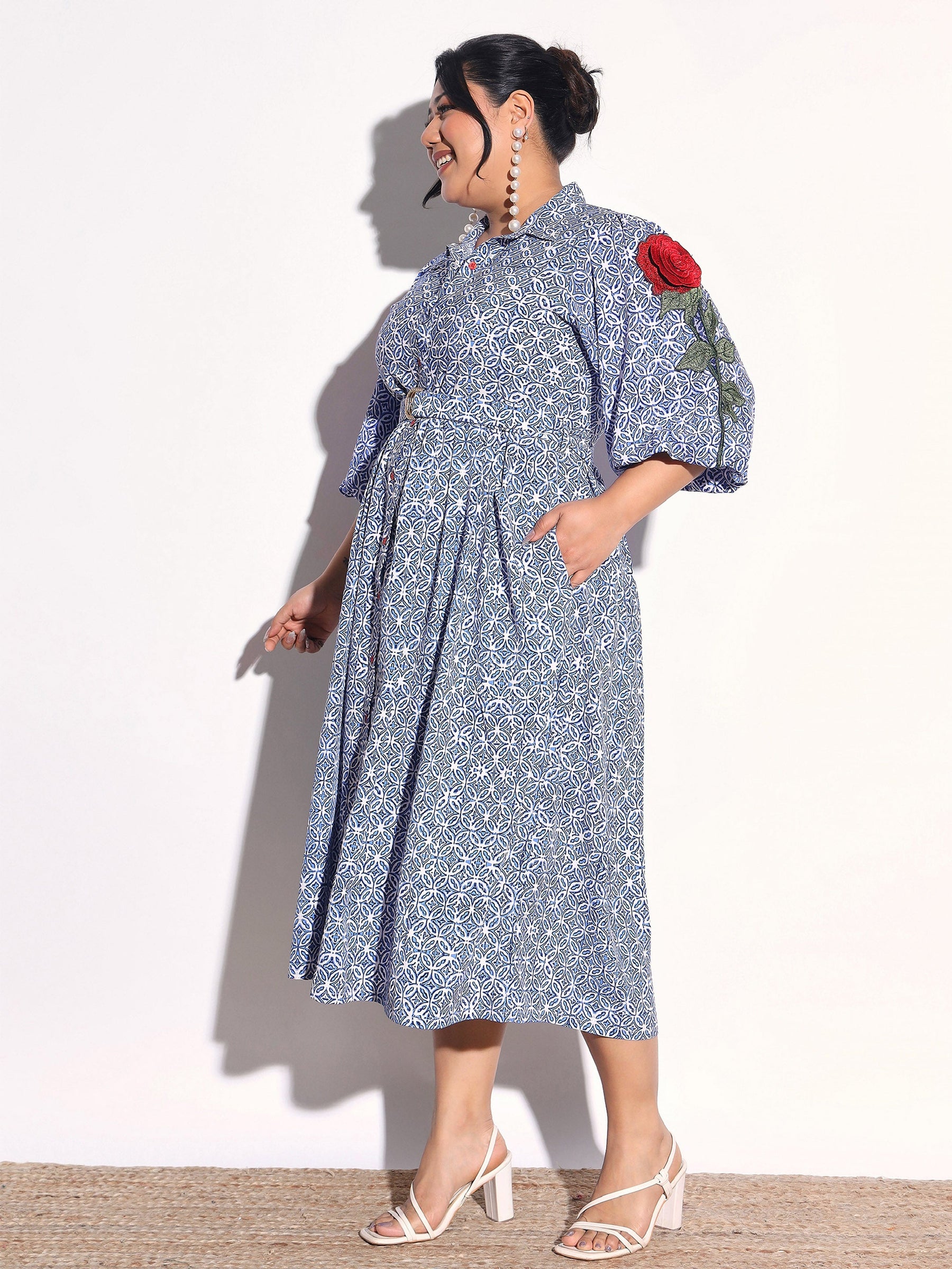 Blue Geometric Print Midi Shirt Dress-SASSAFRAS Curve