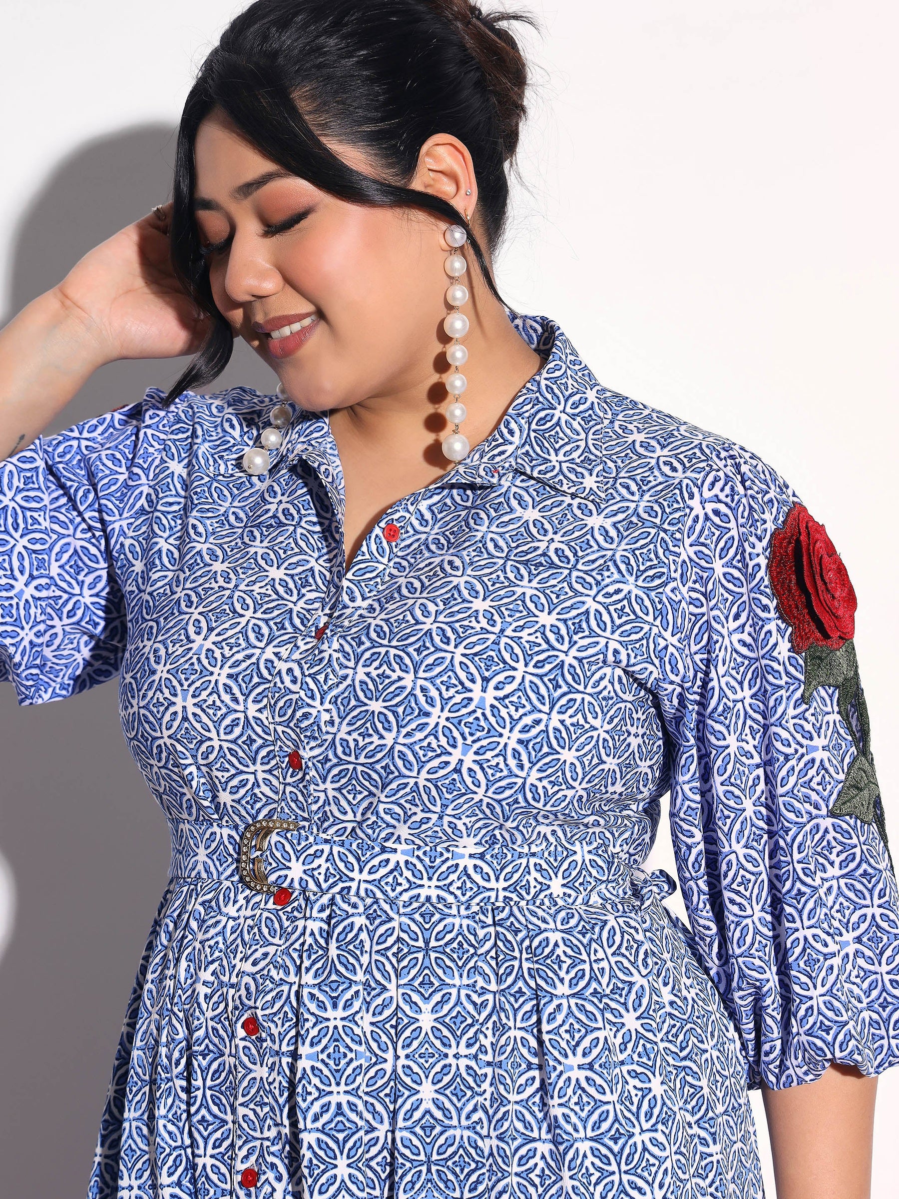 Blue Geometric Print Midi Shirt Dress-SASSAFRAS Curve