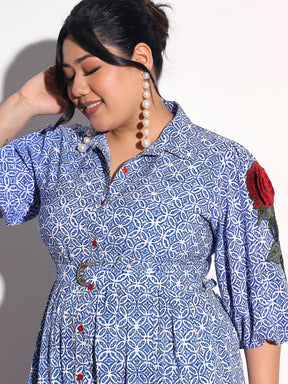 Blue Geometric Print Midi Shirt Dress-SASSAFRAS Curve