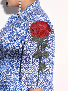 Blue Geometric Print Midi Shirt Dress-SASSAFRAS Curve