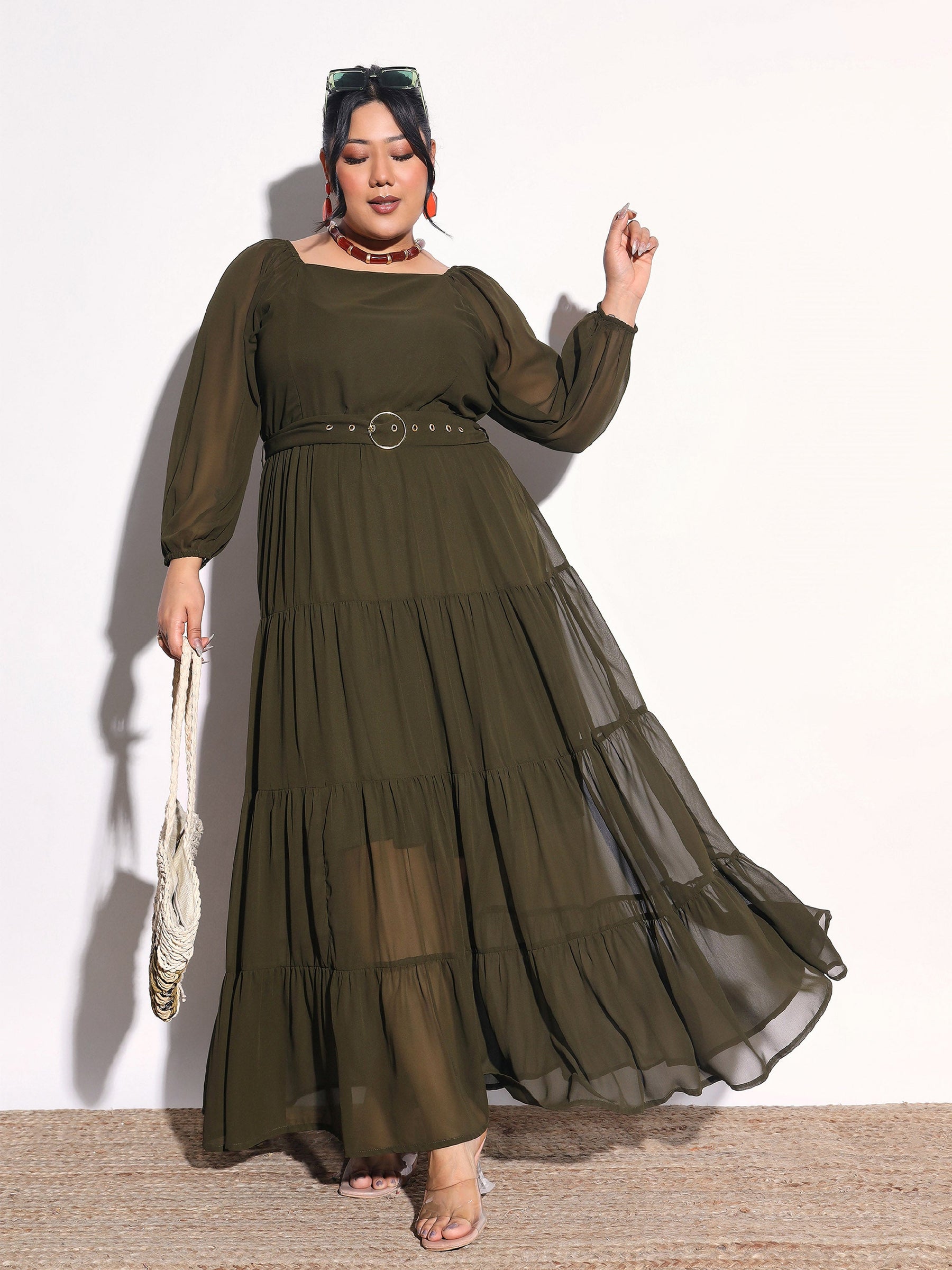 Olive Solid Georgette Tiered Maxi Dress-SASSAFRAS Curve
