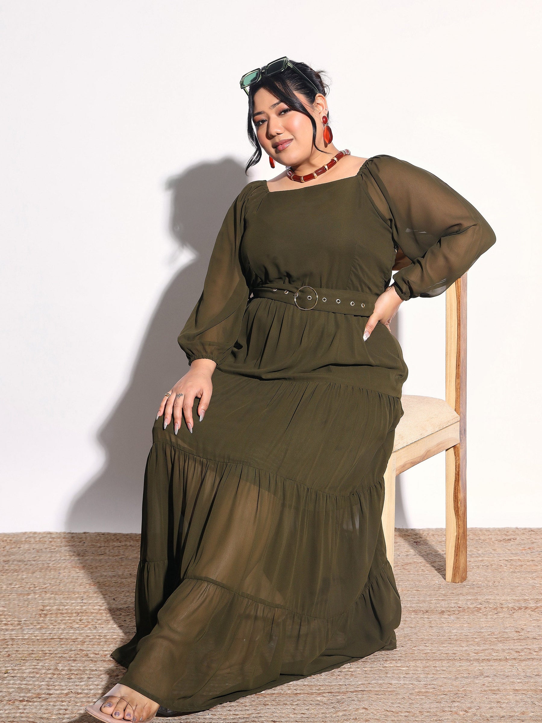Olive Solid Georgette Tiered Maxi Dress-SASSAFRAS Curve