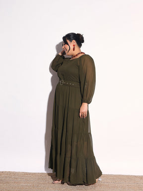 Olive Solid Georgette Tiered Maxi Dress-SASSAFRAS Curve