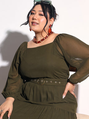 Olive Solid Georgette Tiered Maxi Dress-SASSAFRAS Curve