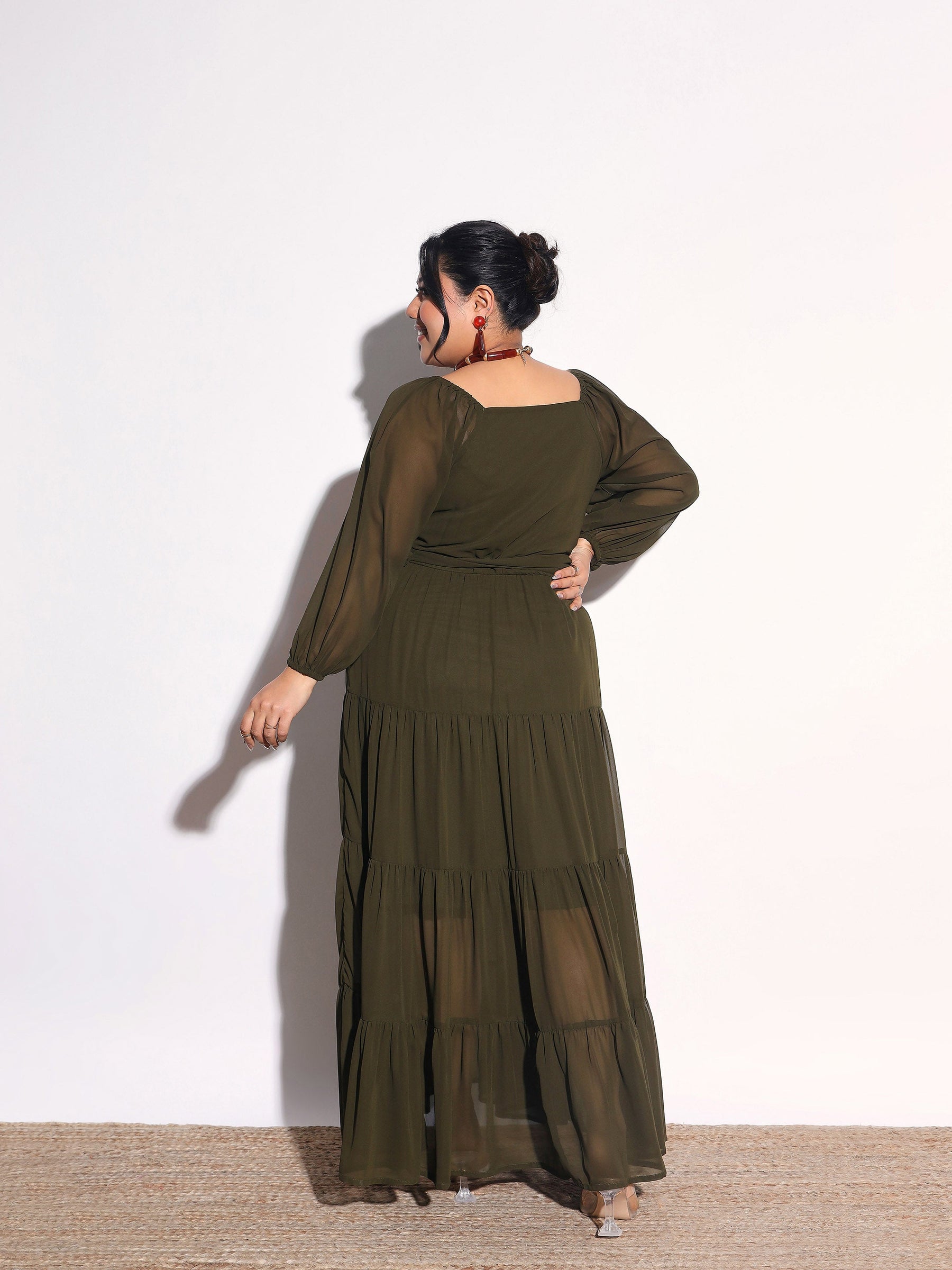 Olive Solid Georgette Tiered Maxi Dress-SASSAFRAS Curve