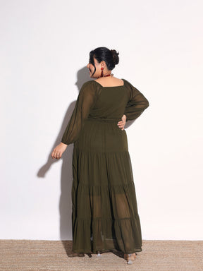 Olive Solid Georgette Tiered Maxi Dress-SASSAFRAS Curve