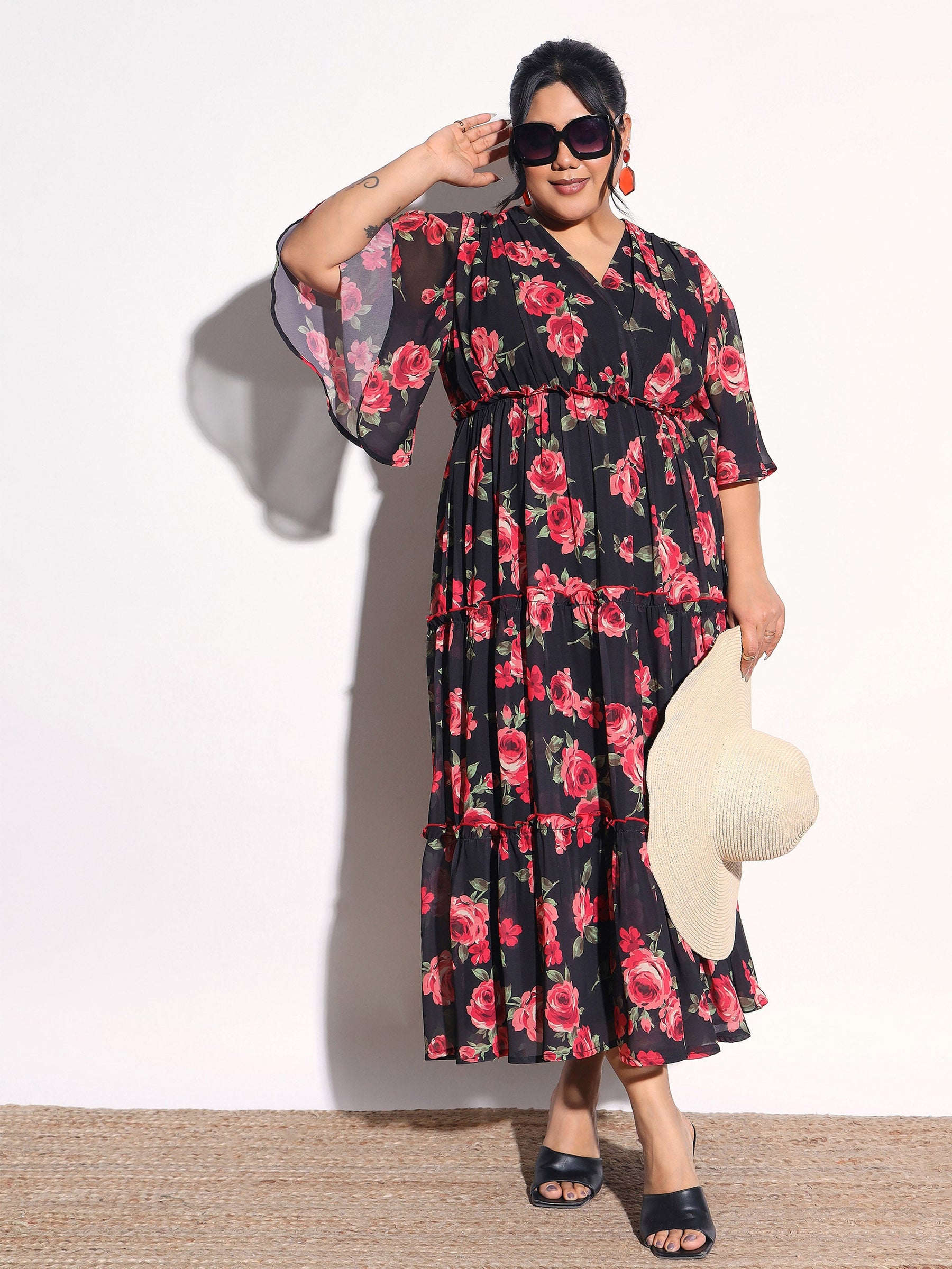 Black & Red Floral Flared Sleeves Tiered Maxi Dress-SASSAFRAS Curve