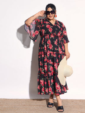 Black & Red Floral Flared Sleeves Tiered Maxi Dress-SASSAFRAS Curve