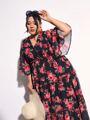 Black & Red Floral Flared Sleeves Tiered Maxi Dress-SASSAFRAS Curve
