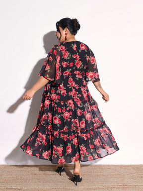Black & Red Floral Flared Sleeves Tiered Maxi Dress-SASSAFRAS Curve