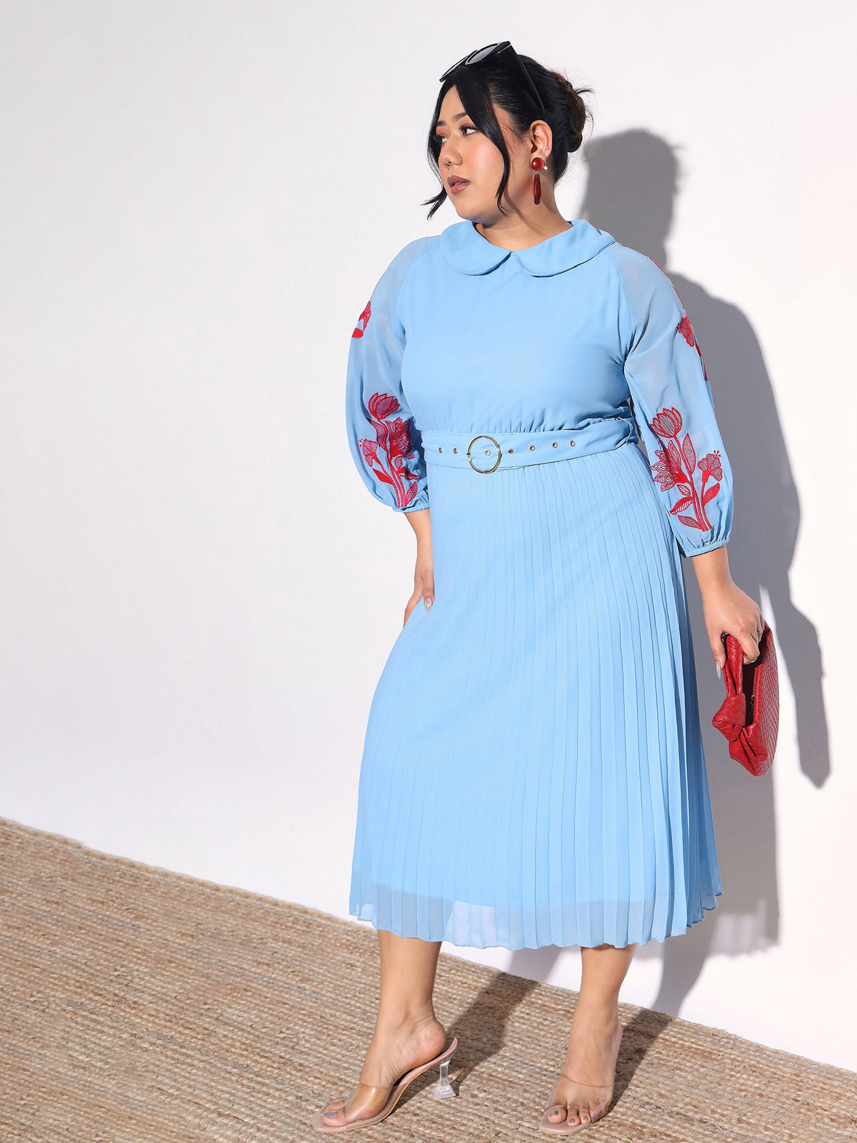 Blue Embroidered PeterPan Pleated Midi Dress-SASSAFRAS Curve