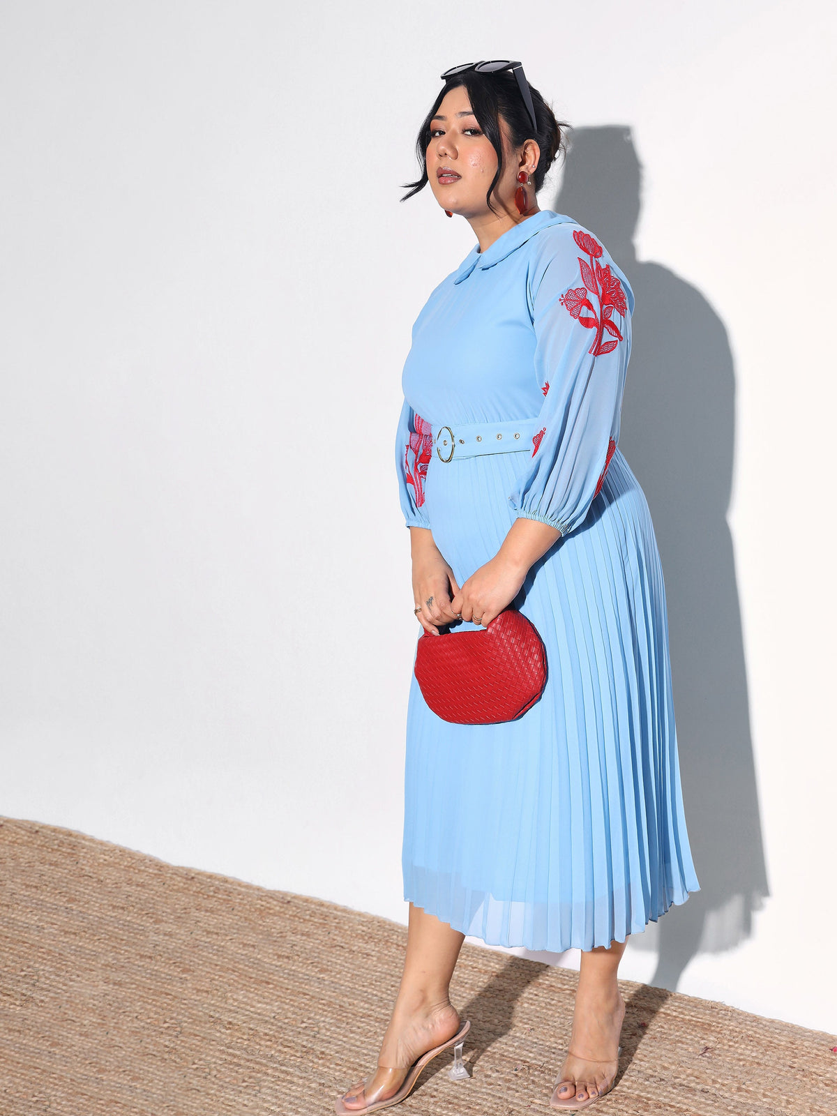 Blue Embroidered PeterPan Pleated Midi Dress-SASSAFRAS Curve