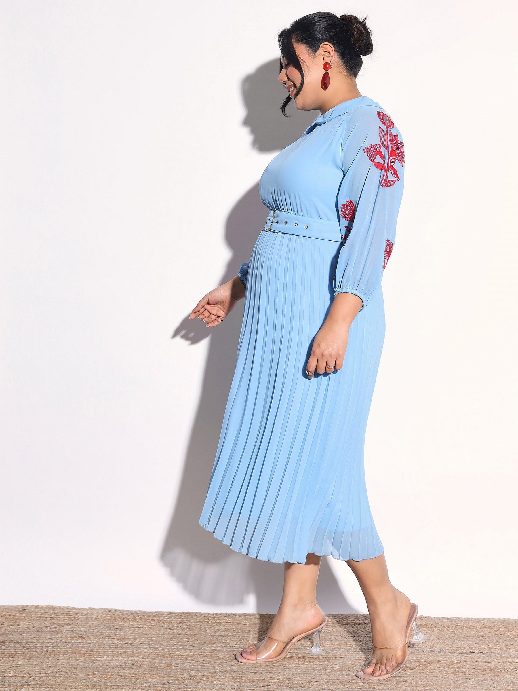 Blue Embroidered PeterPan Pleated Midi Dress-SASSAFRAS Curve