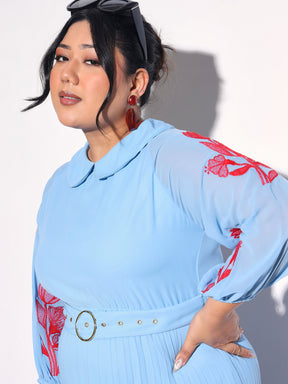 Blue Embroidered PeterPan Pleated Midi Dress-SASSAFRAS Curve