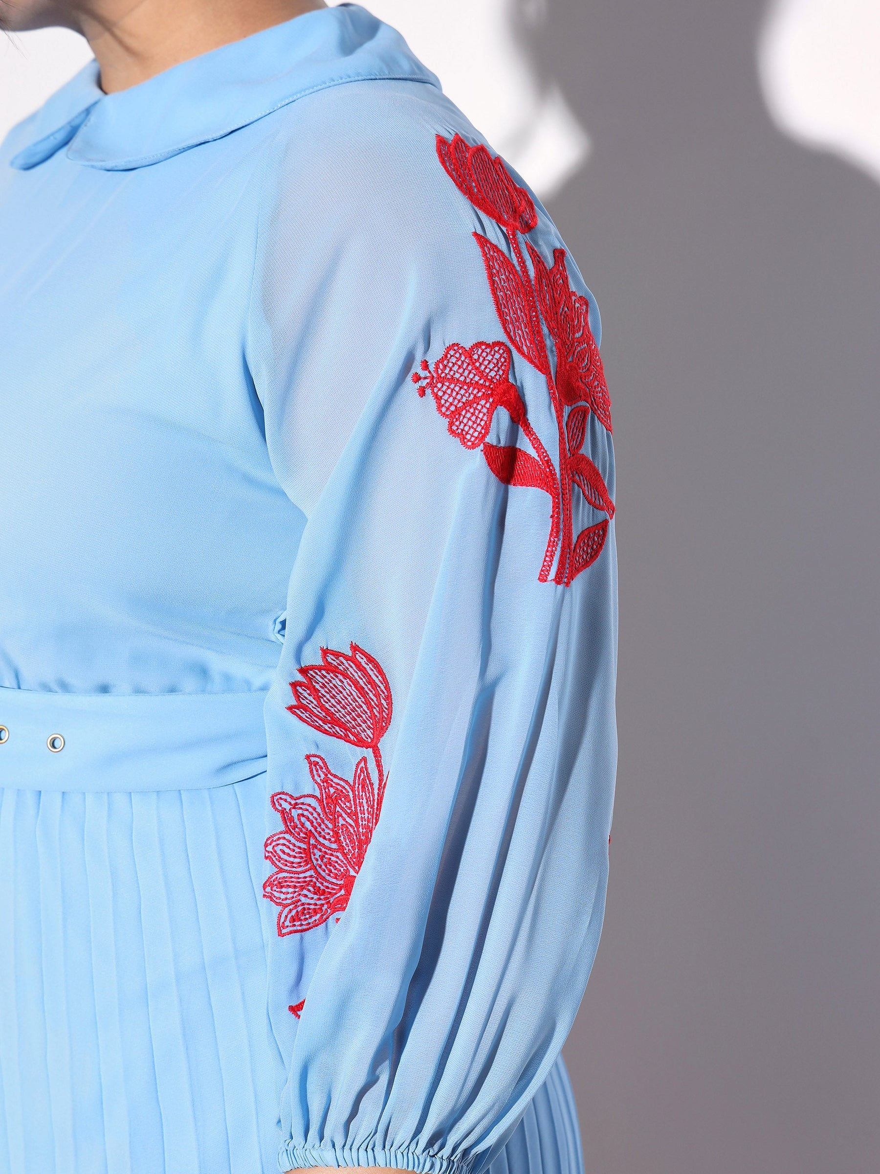 Blue Embroidered PeterPan Pleated Midi Dress-SASSAFRAS Curve