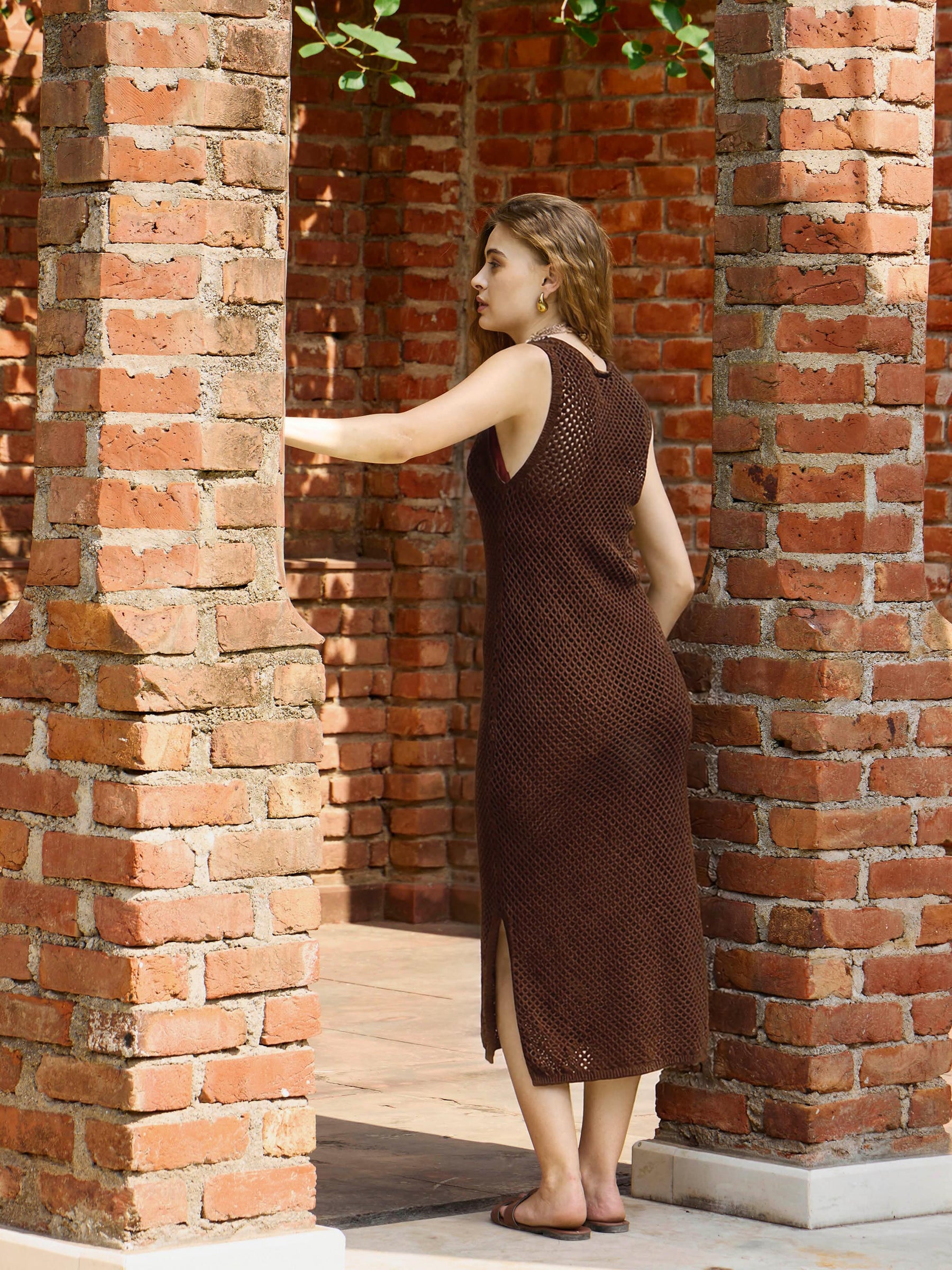 Brown Crochet Sleeveless Beach Midi-SASSAFRAS