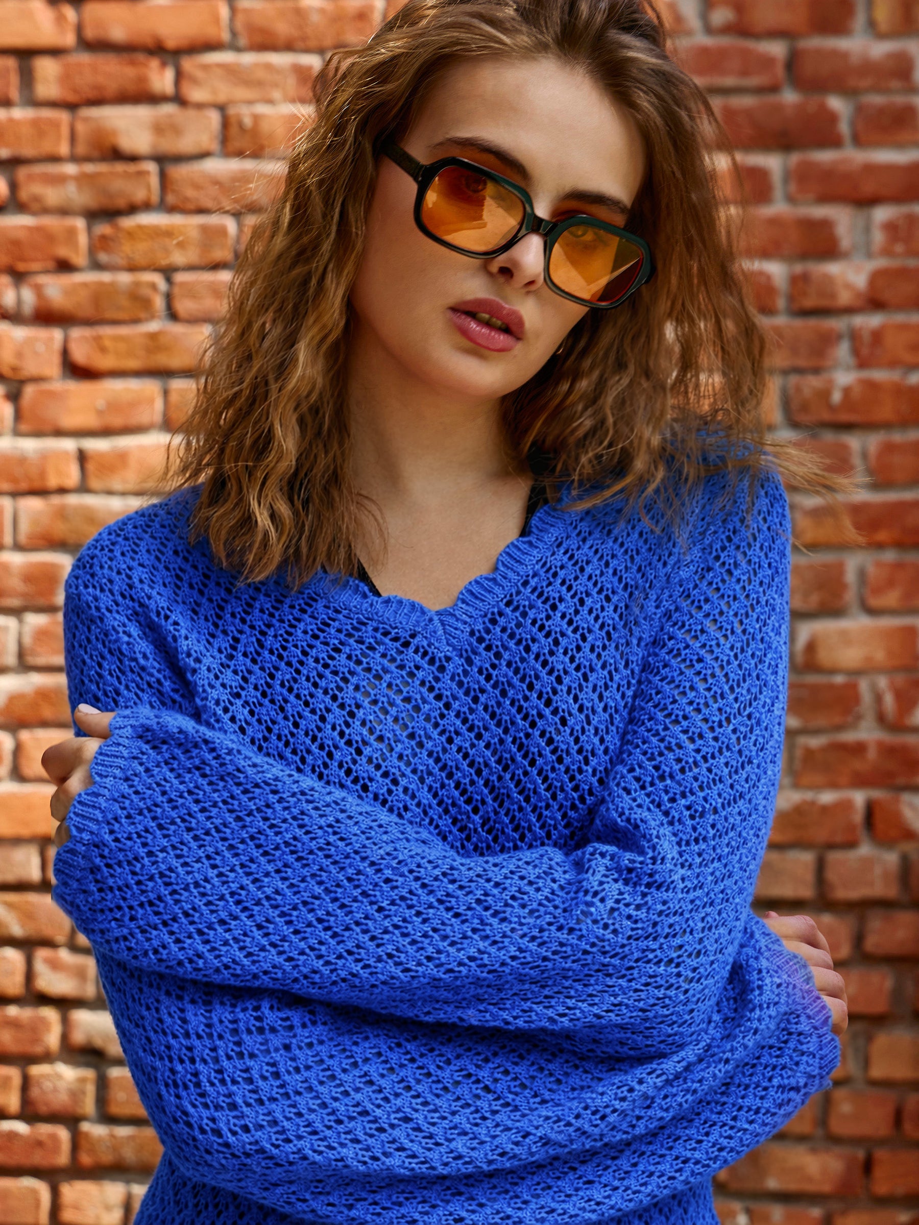 Blue Crochet V-Neck Full Sleeve Short Beach Dress-SASSAFRAS