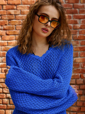 Blue Crochet V-Neck Full Sleeve Short Beach Dress-SASSAFRAS