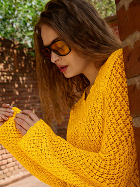 Mustard Crochet V-Neck Full Sleeve Short Beach Dress-SASSAFRAS