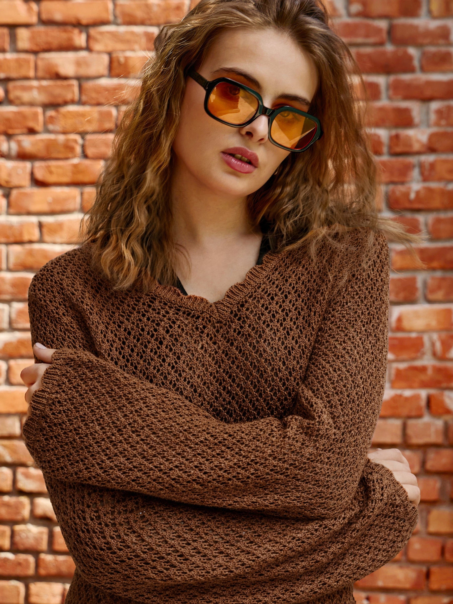 Brown Crochet V-Neck Full Sleeve Short Beach Dress-SASSAFRAS