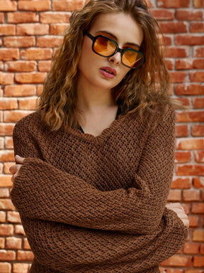 Brown Crochet V-Neck Full Sleeve Short Beach Dress-SASSAFRAS