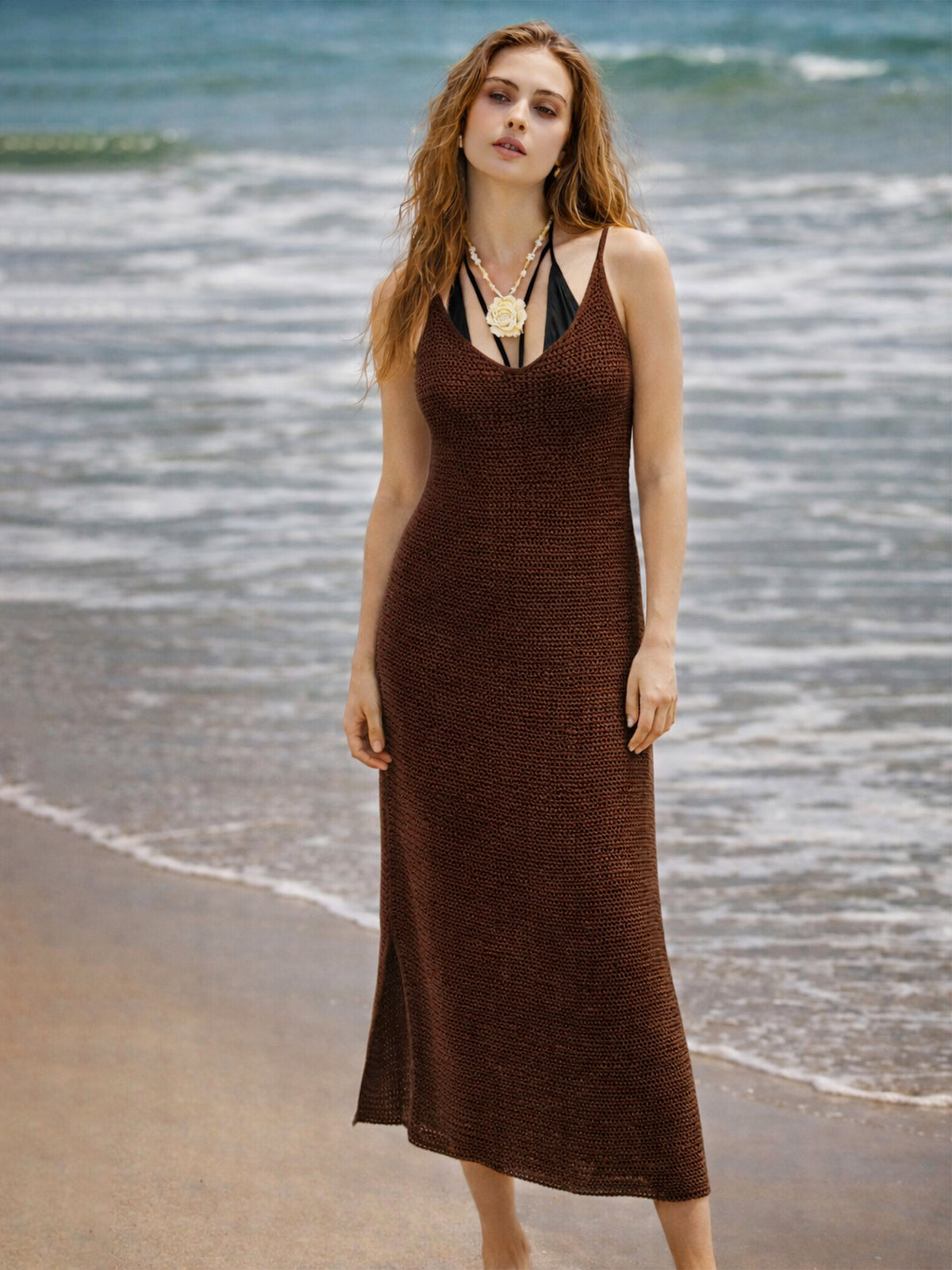 Brown Crochet Round Neck Strappy Beach Maxi Dress-SASSAFRAS