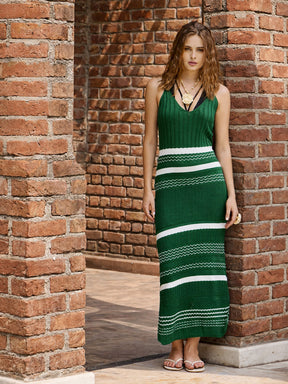 Women Forest Green Crochet Variegated Stripes Strappy Beach Maxi
