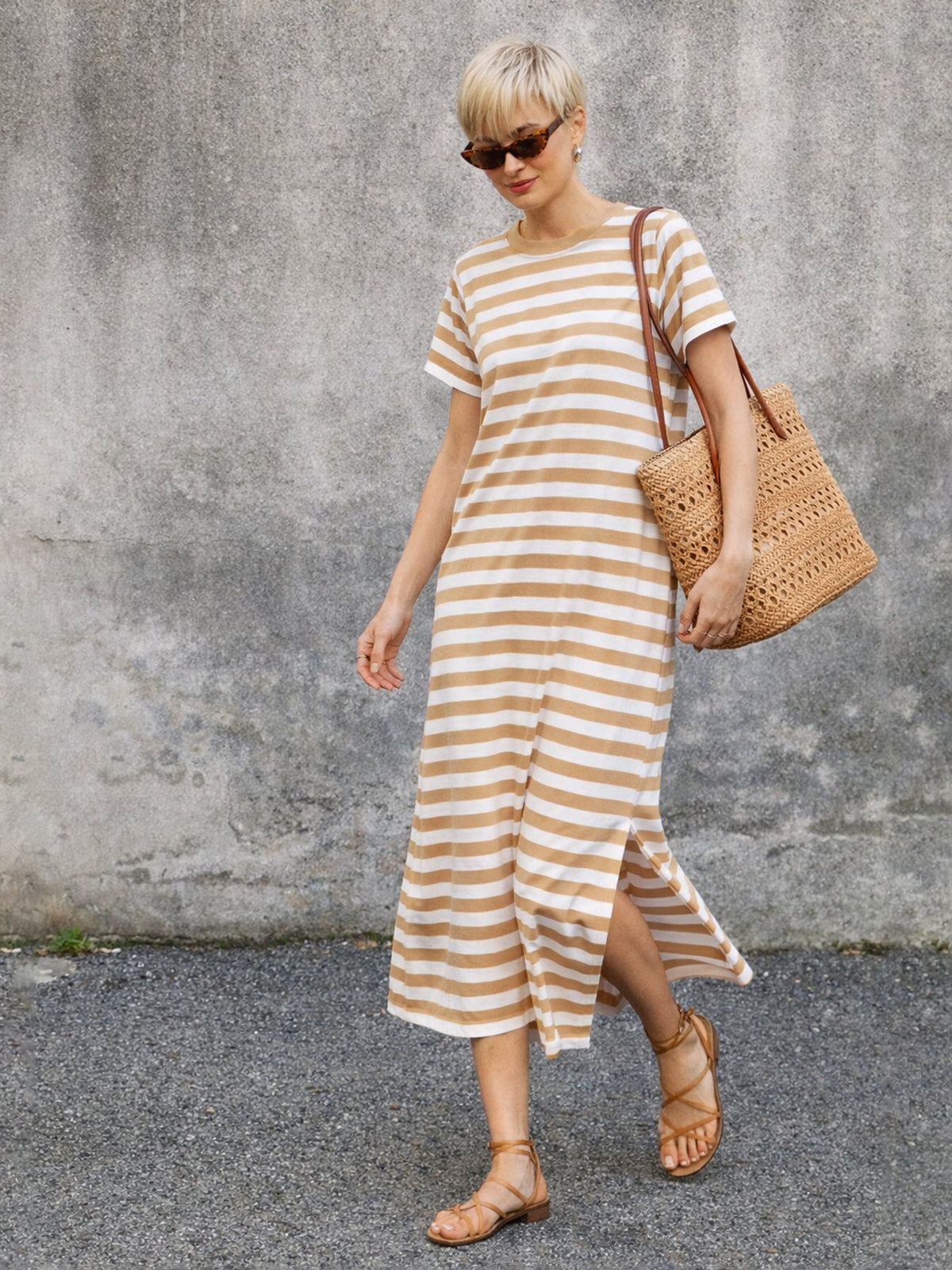 Beige & White Stripes Short Sleeves T-Shirt Maxi Dress-SASSAFRAS BASICS
