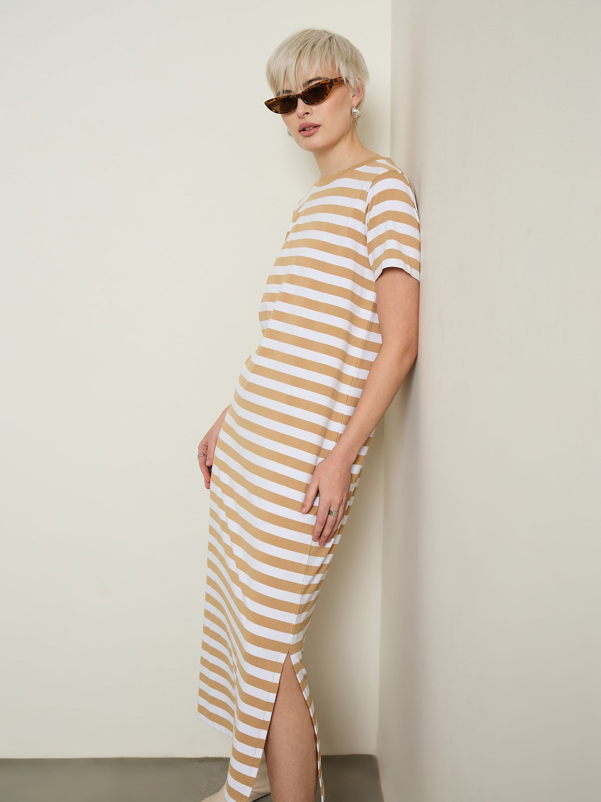 Beige & White Stripes Short Sleeves T-Shirt Maxi Dress-SASSAFRAS BASICS