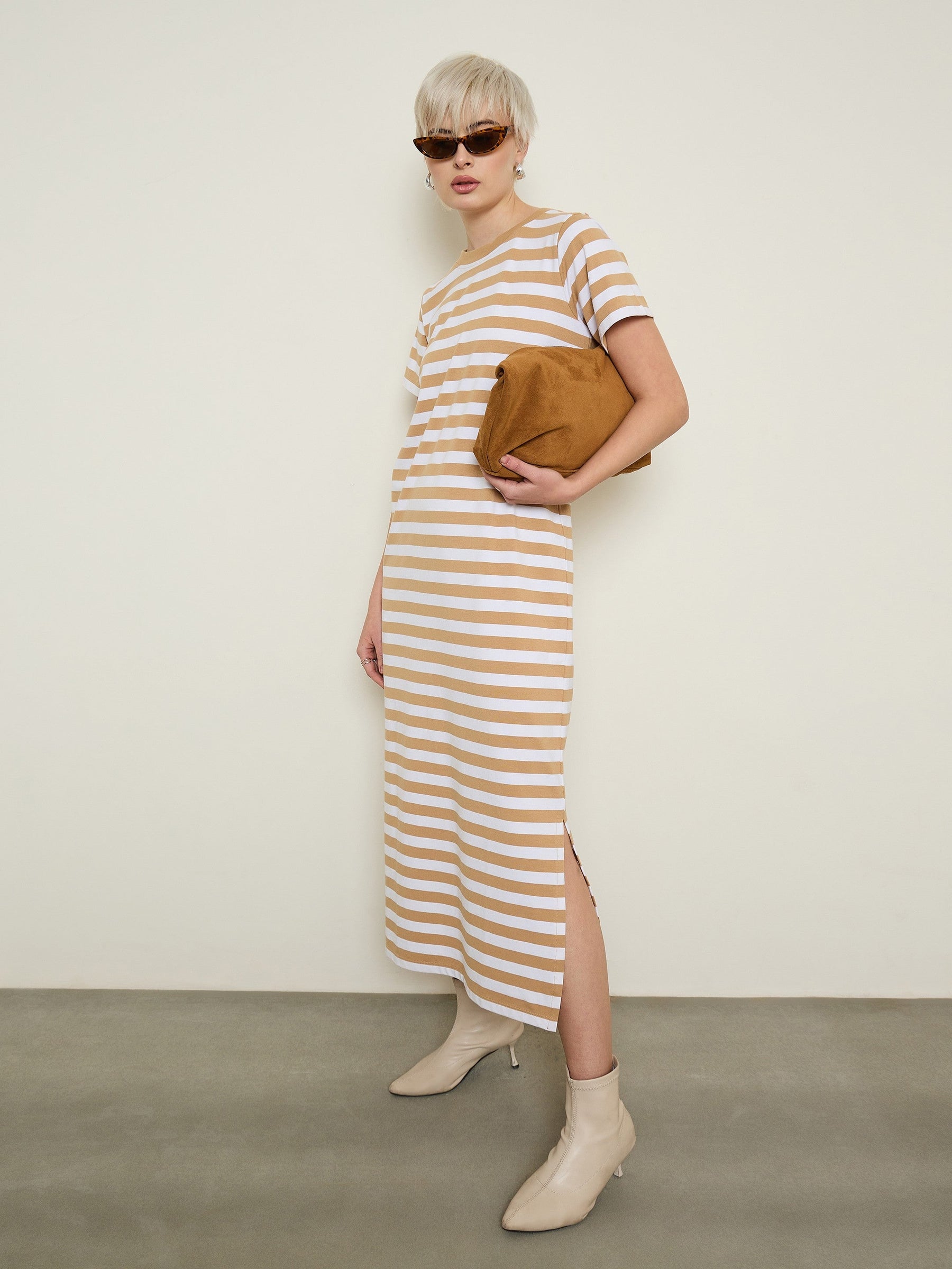 Beige & White Stripes Short Sleeves T-Shirt Maxi Dress-SASSAFRAS BASICS