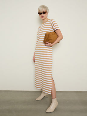 Beige & White Stripes Short Sleeves T-Shirt Maxi Dress-SASSAFRAS BASICS