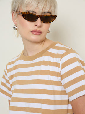 Beige & White Stripes Short Sleeves T-Shirt Maxi Dress-SASSAFRAS BASICS