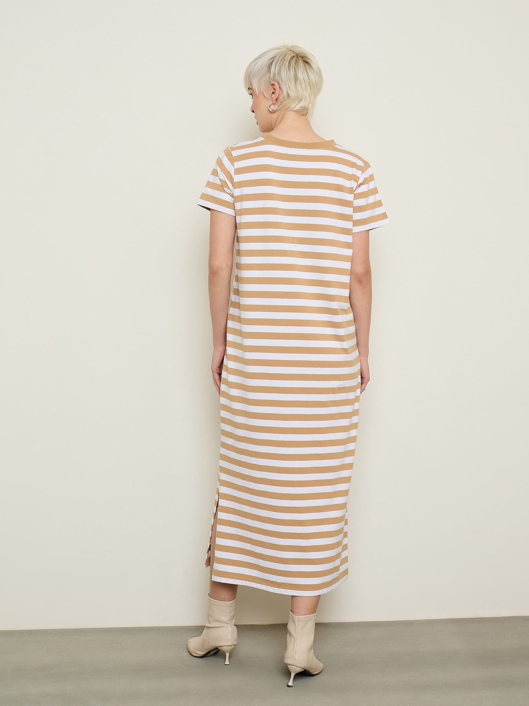 Beige & White Stripes Short Sleeves T-Shirt Maxi Dress-SASSAFRAS BASICS