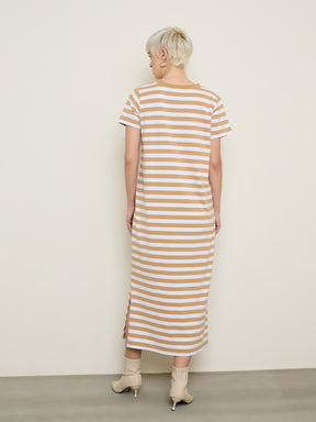 Beige & White Stripes Short Sleeves T-Shirt Maxi Dress-SASSAFRAS BASICS