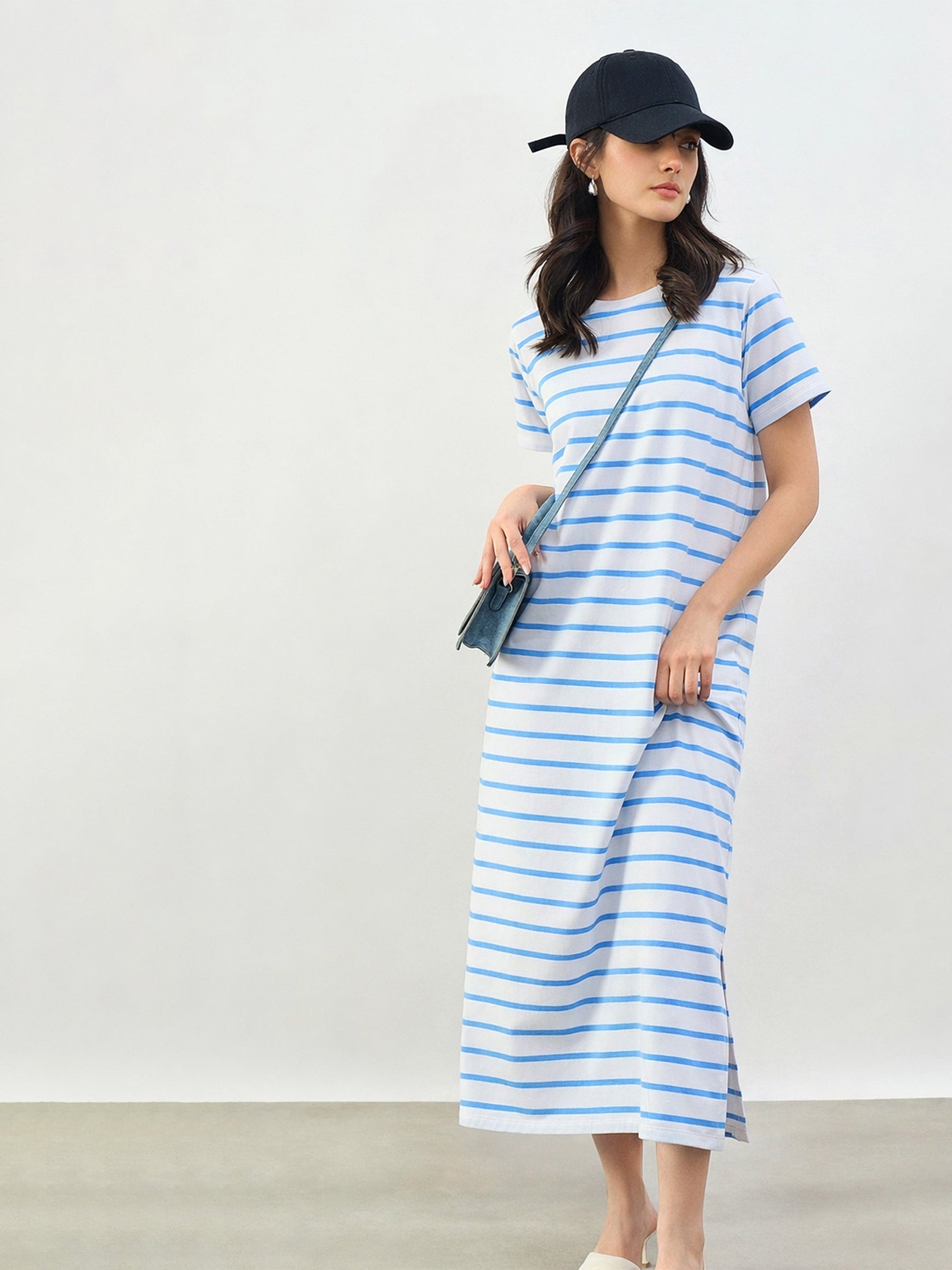 Blue & White Stripes Short Sleeves T-Shirt Maxi Dress-SASSAFRAS BASICS