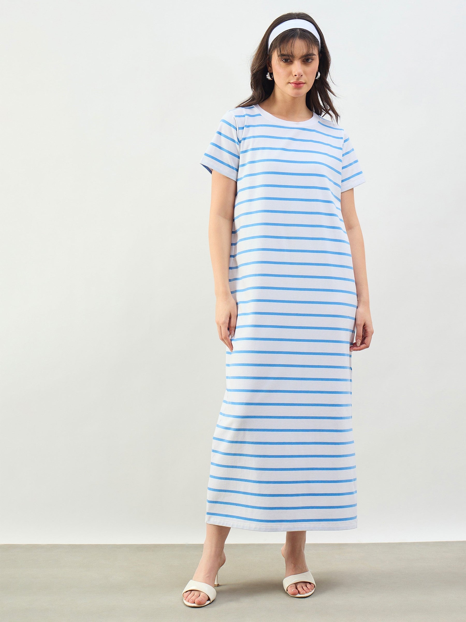 Blue & White Stripes Short Sleeves T-Shirt Maxi Dress-SASSAFRAS BASICS