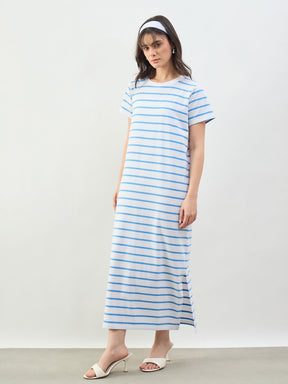 Blue & White Stripes Short Sleeves T-Shirt Maxi Dress-SASSAFRAS BASICS