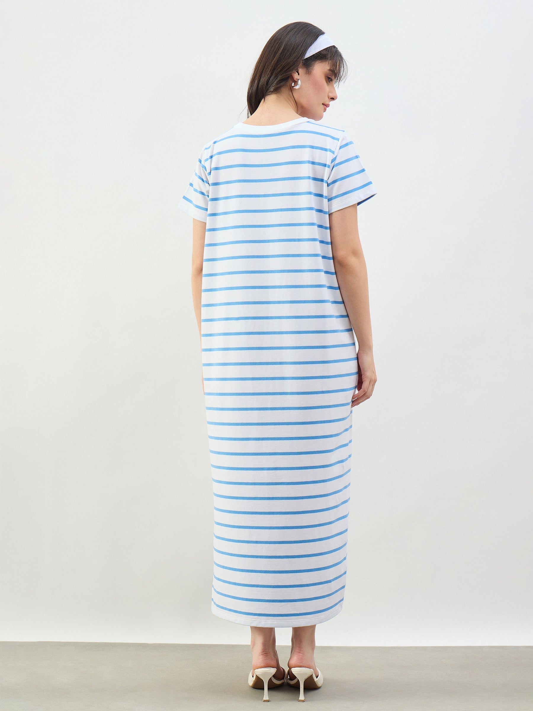 Blue & White Stripes Short Sleeves T-Shirt Maxi Dress-SASSAFRAS BASICS