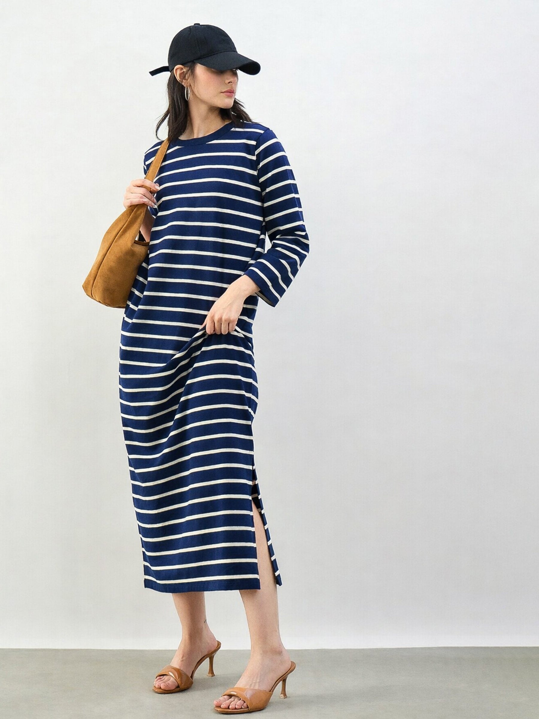 Navy & White Stripes Long Sleeves T-Shirt Maxi Dress-SASSAFRAS BASICS