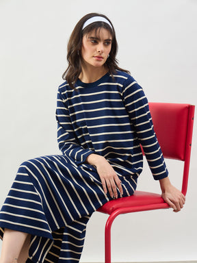 Navy & White Stripes Long Sleeves T-Shirt Maxi Dress-SASSAFRAS BASICS