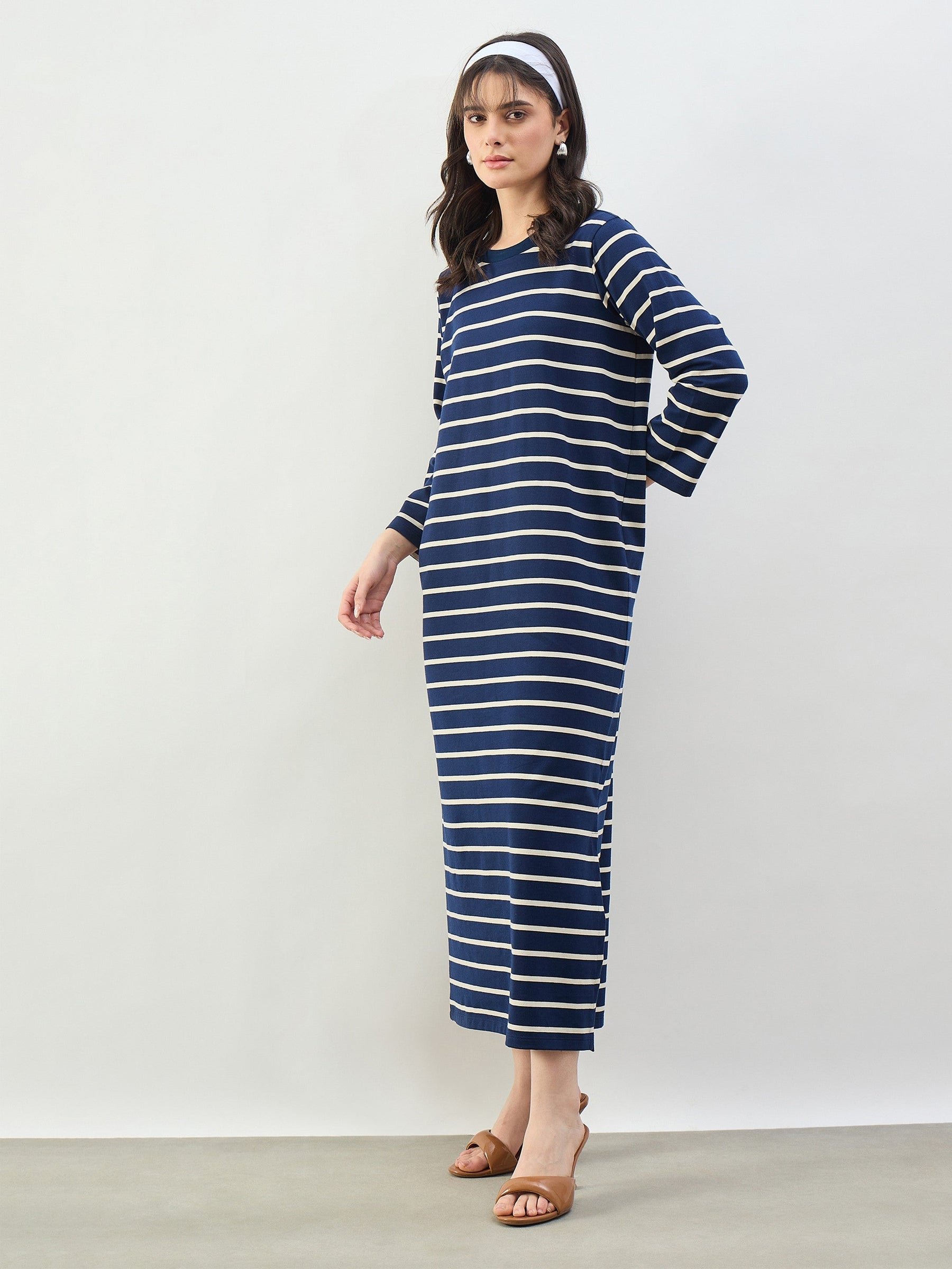 Navy & White Stripes Long Sleeves T-Shirt Maxi Dress-SASSAFRAS BASICS
