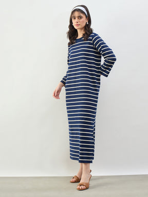 Navy & White Stripes Long Sleeves T-Shirt Maxi Dress-SASSAFRAS BASICS