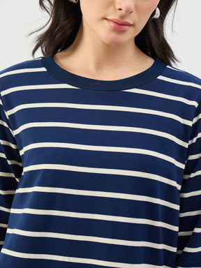 Navy & White Stripes Long Sleeves T-Shirt Maxi Dress-SASSAFRAS BASICS