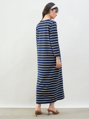 Navy & White Stripes Long Sleeves T-Shirt Maxi Dress-SASSAFRAS BASICS