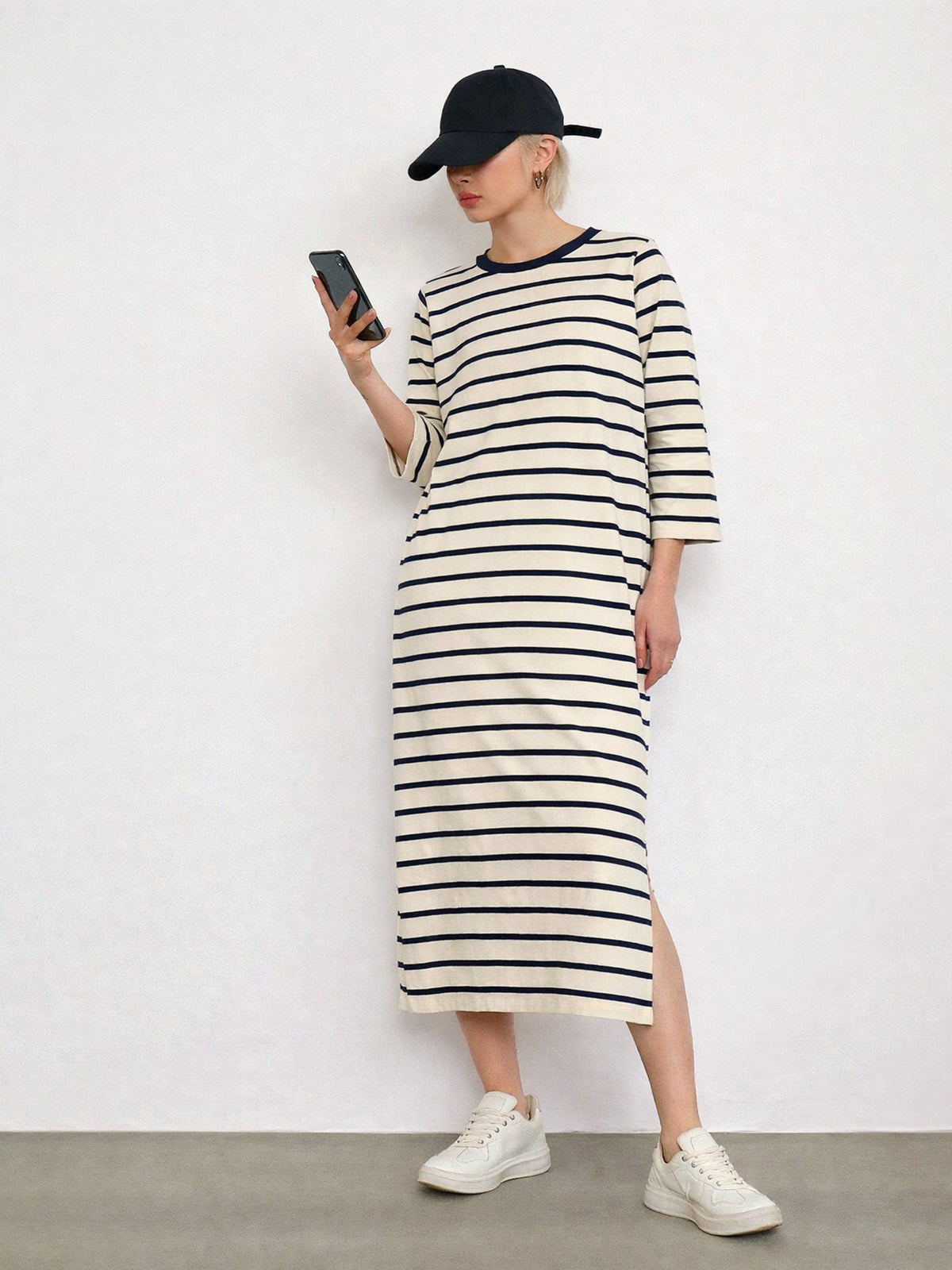 Beige & Navy Stripes Long Sleeves T-Shirt Maxi Dress-SASSAFRAS BASICS
