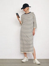 Beige & Navy Stripes Long Sleeves T-Shirt Maxi Dress-SASSAFRAS BASICS