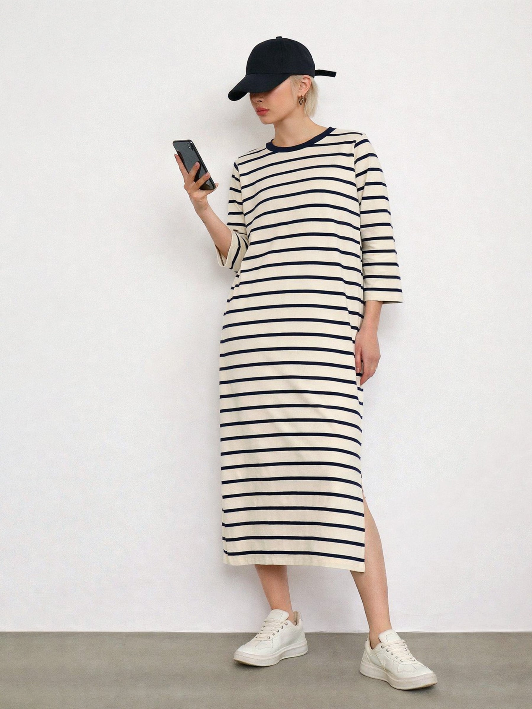 Beige & Navy Stripes Long Sleeves T-Shirt Maxi Dress-SASSAFRAS BASICS