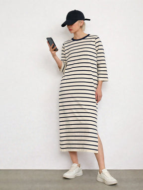 Beige & Navy Stripes Long Sleeves T-Shirt Maxi Dress-SASSAFRAS BASICS